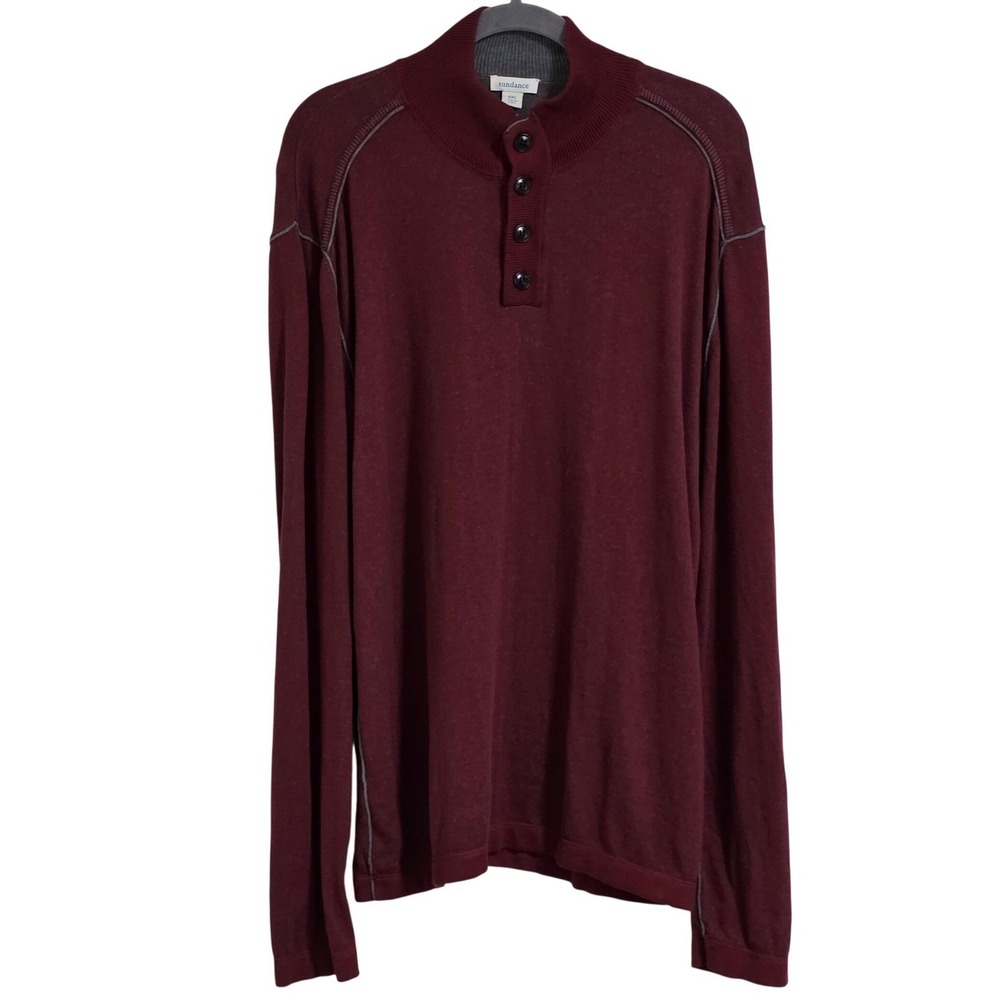 Sundance Highland Stitch Henley Sweater Men XXL Burgundy Mock Neck Button Up
